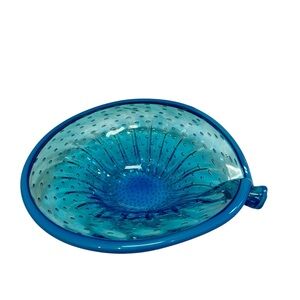 Vintage Murano Style Speckled Blue Hand Blown Art Glass Ashtray Bowl Mid Century